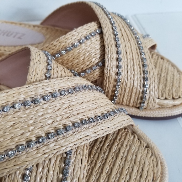 Schutz Rhinestone Raffia Sandals Womens Carlotta Crossover Flat Summer Shoes 6 - Picture 6 of 15